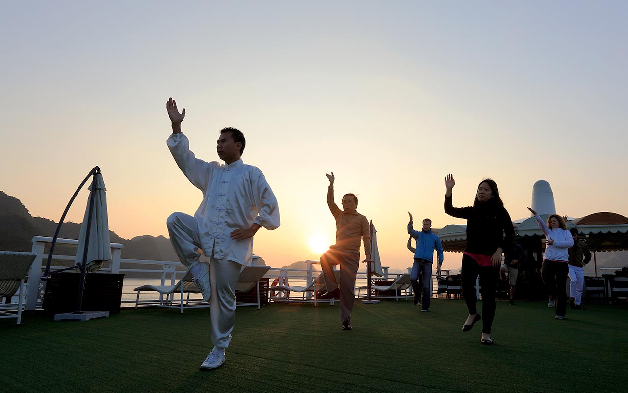 morning exercise on halong bay cruise